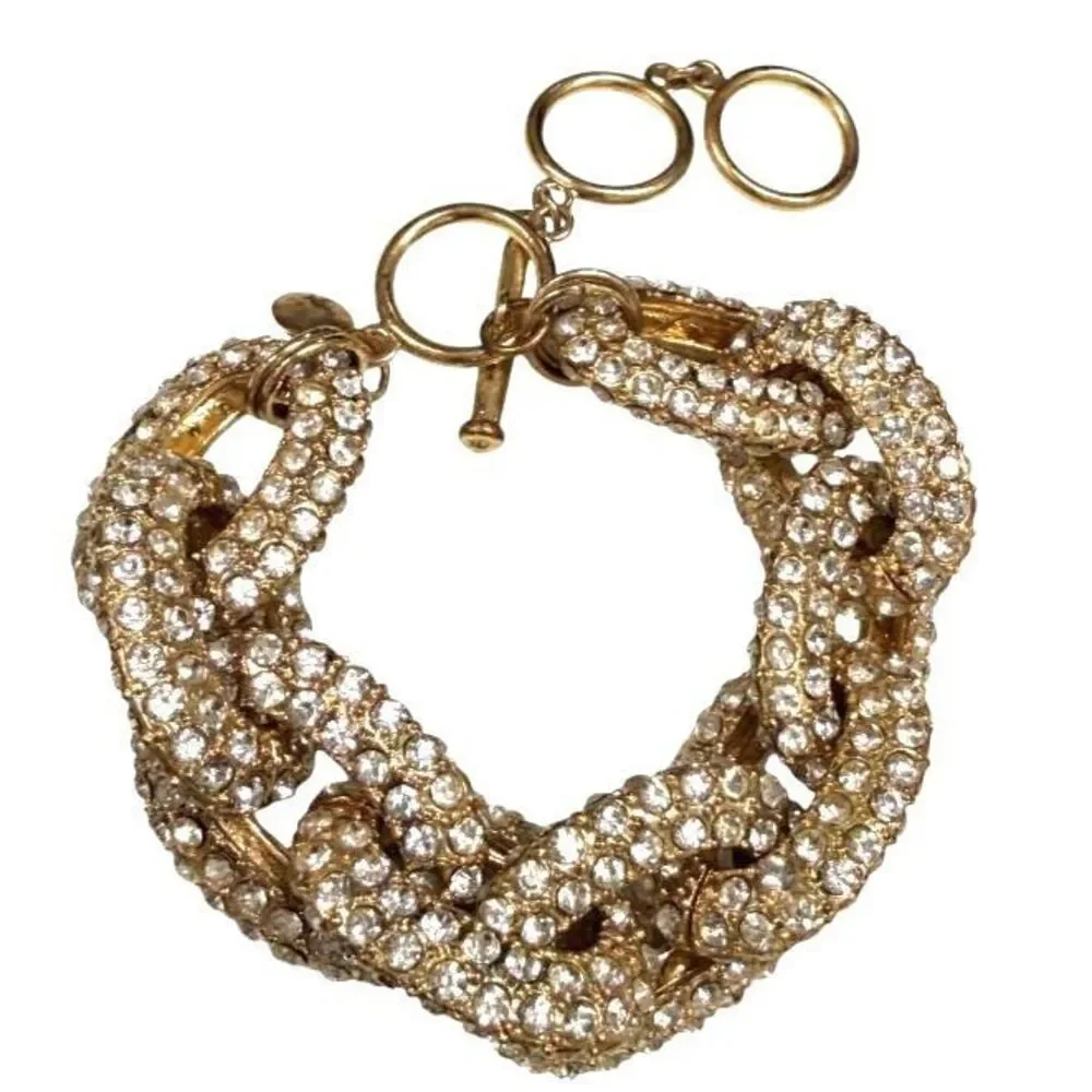 J.Crew Archive Pavé Crystal Chunky Chain Link Bracelet Gold Tone Toggle Closure